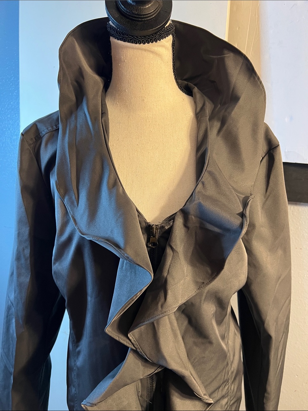 Women's Ruffle-Front Long Jacket - Black - Picture 2 of 13